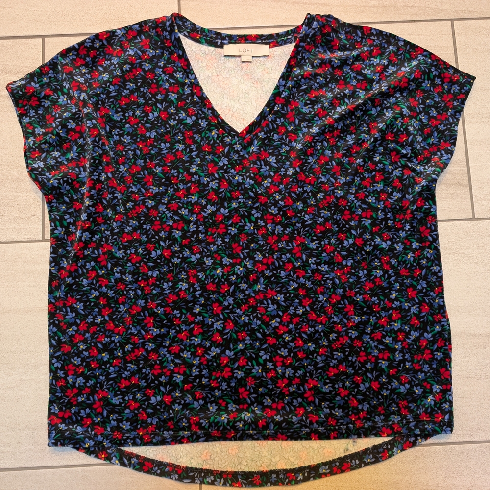 LOFT Women's Floral V-Neck Top - Red and Blue